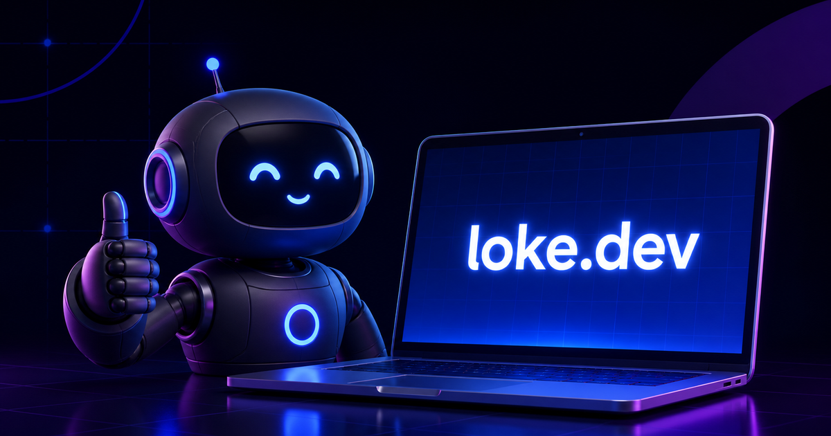 A friendly AI bot gives a thumbs-up beside a laptop displaying loke.dev.