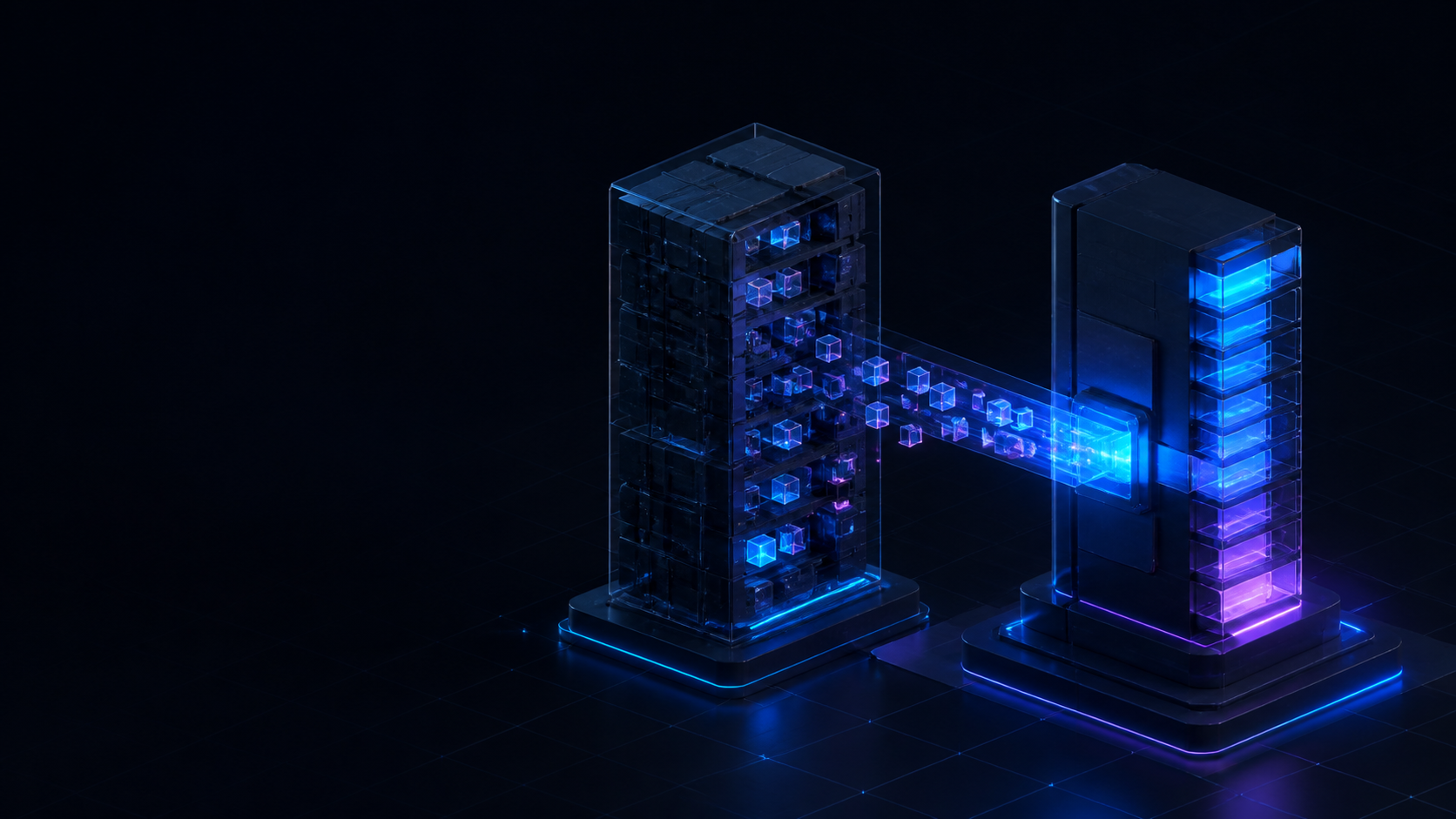 Two dark build towers connect across a glowing bridge as small bundle pieces move between them.