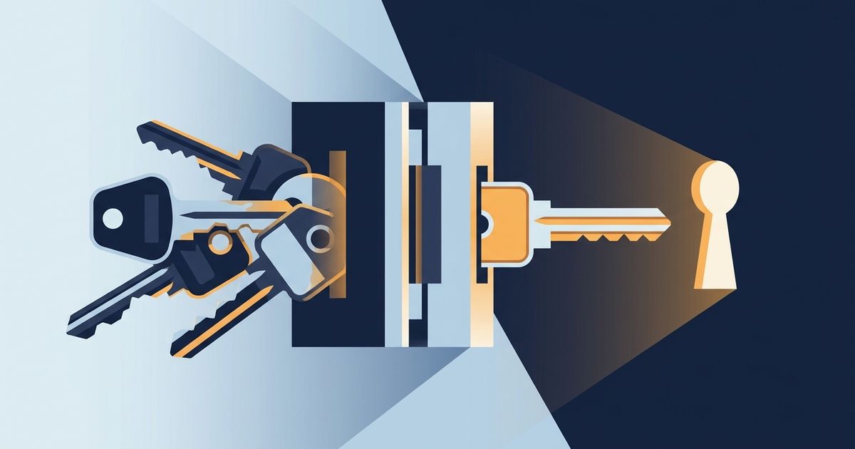 Several mismatched keys pass through a calibration press and emerge as one key aligned with a keyhole
