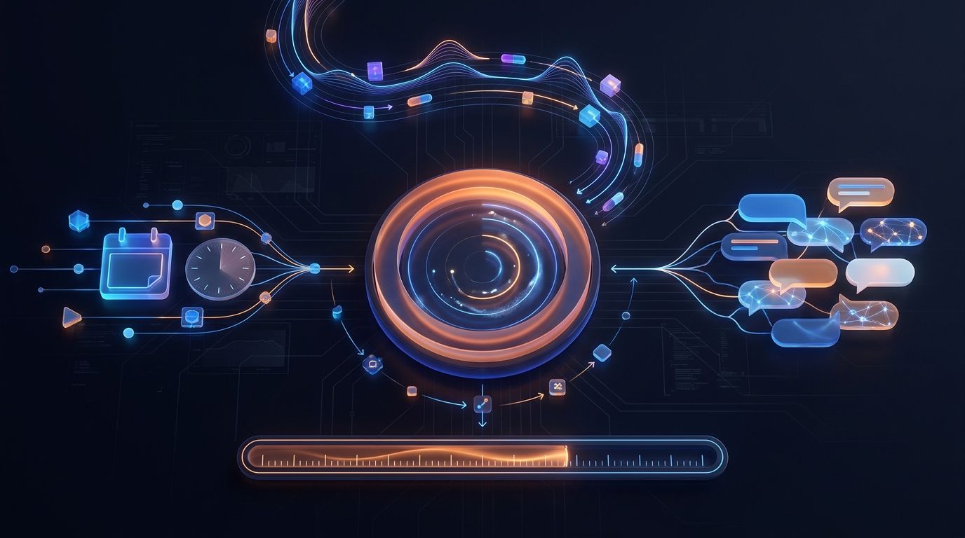 An orange execution counter and calendar connect to webhook, schedule, and AI message workflow nodes in a dark technical dashboard.