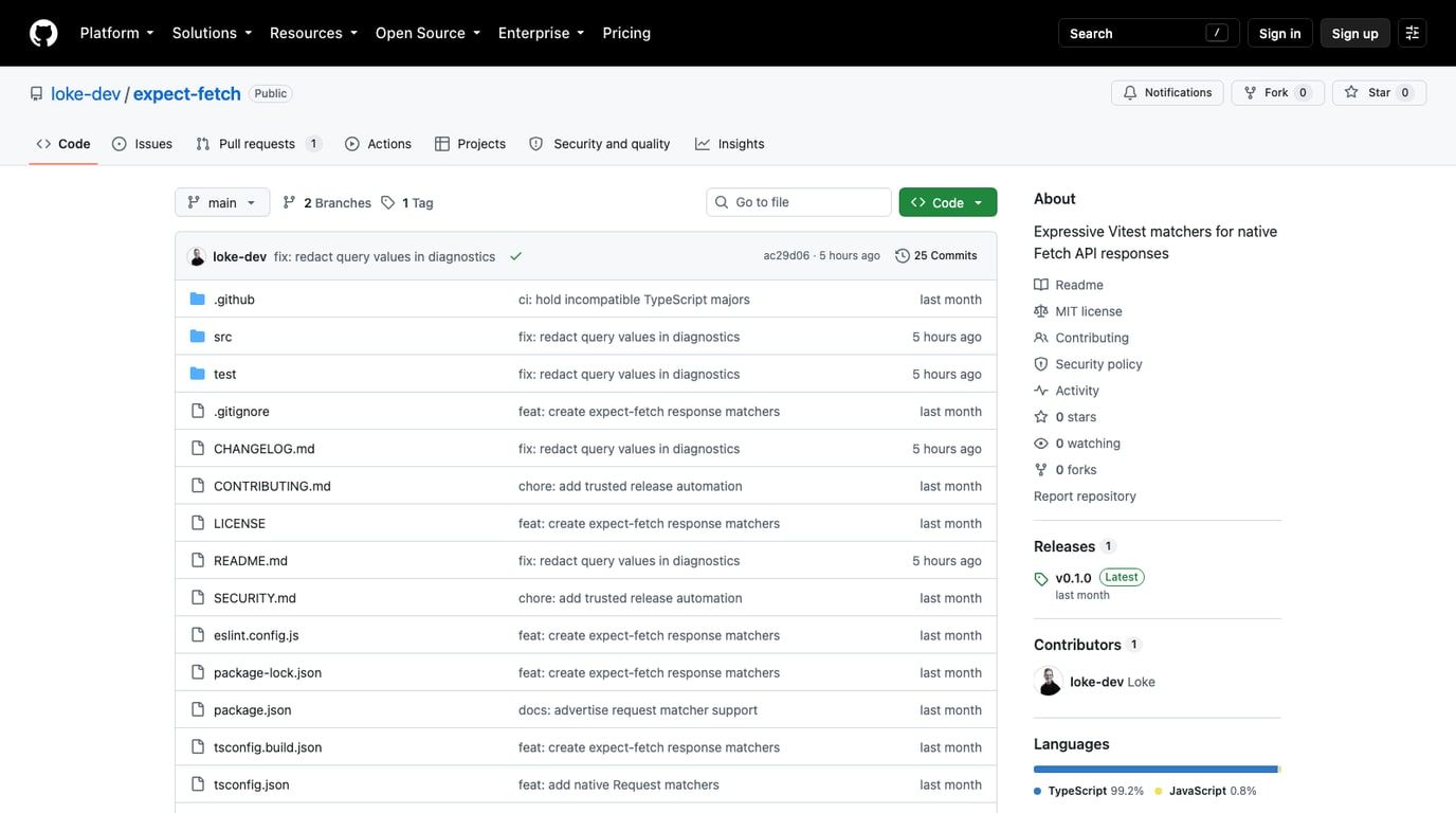 expect-fetch GitHub repository with Vitest matchers for Fetch API requests and responses