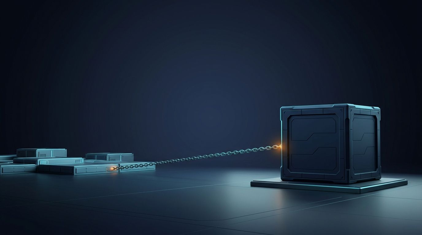 A sealed deployment crate tethered by a chain to a distant source workspace