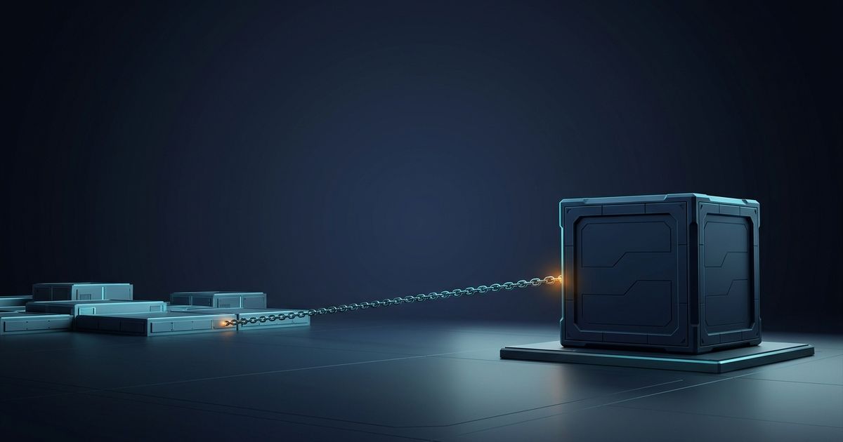 A sealed deployment crate tethered by a chain to a distant source workspace