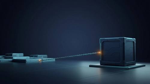 A sealed deployment crate tethered by a chain to a distant source workspace