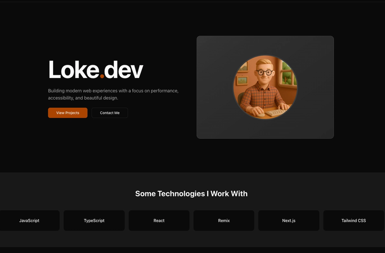 The loke.dev homepage with a dark workshop layout, developer notes, tools, and project links.