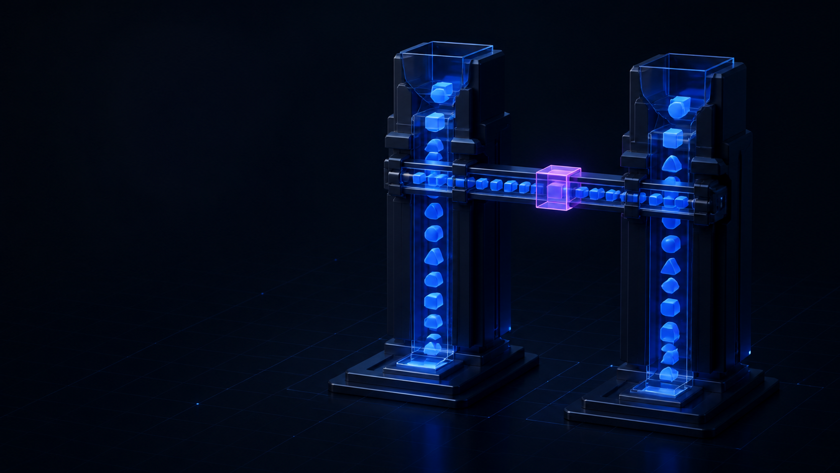 Two compiler towers share a glowing lint rail as type shapes pass through both.