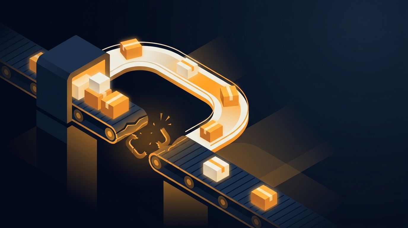 Packages moving along a bright bypass around a broken conveyor belt