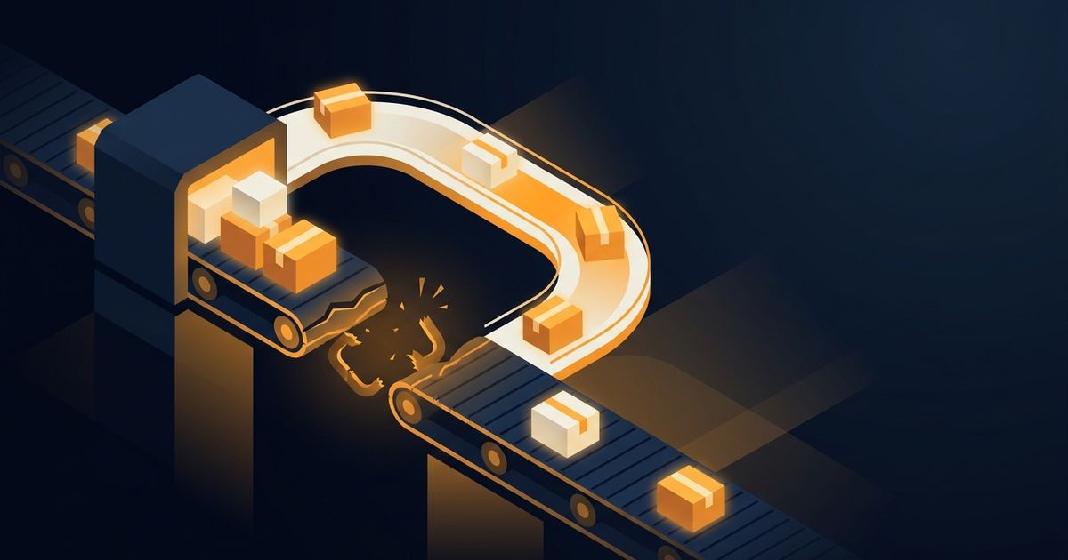 Packages moving along a bright bypass around a broken conveyor belt
