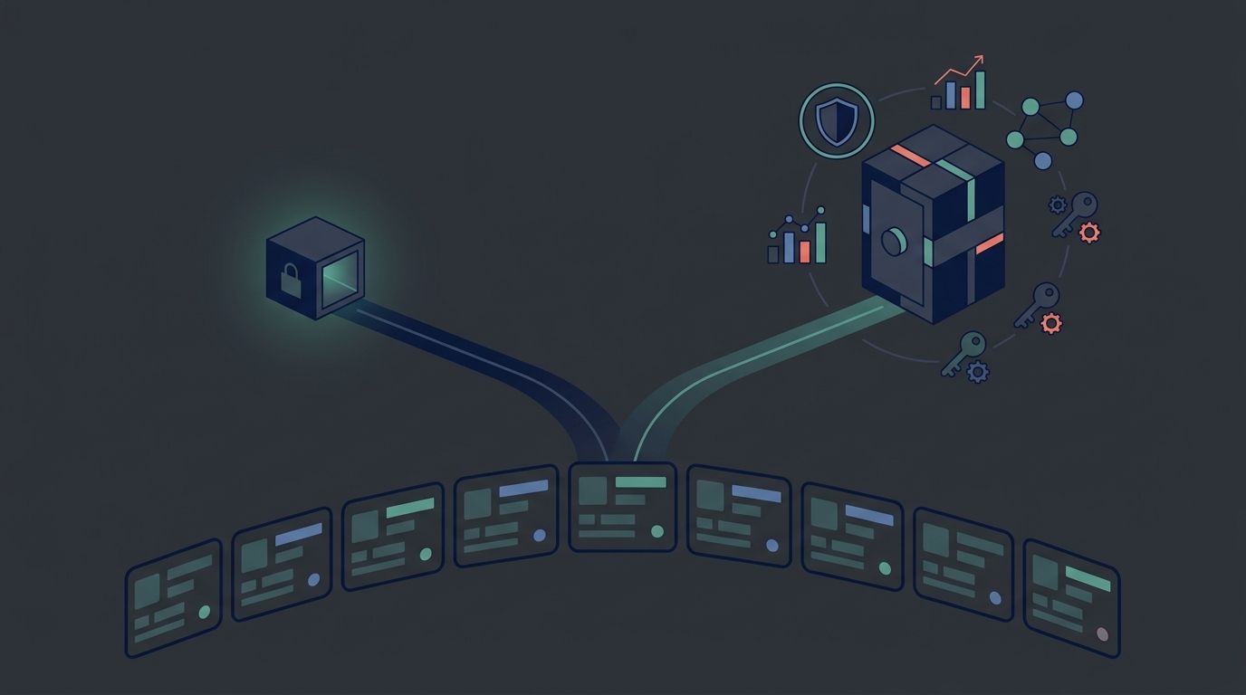 Ten developer identity cards approach a fork between a compact shared vault and a larger vault with policy, reporting, and identity-control symbols.