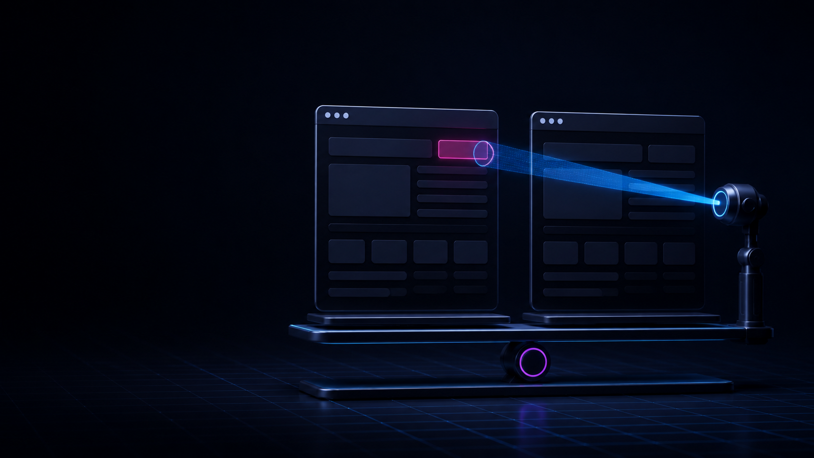 Two browser panels balance on a comparison rail while a blue beam checks a highlighted difference.