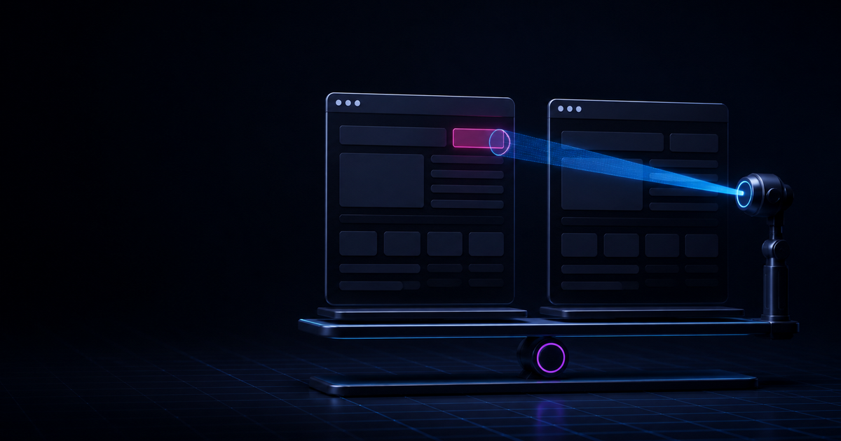 Two browser panels balance on a comparison rail while a blue beam checks a highlighted difference.