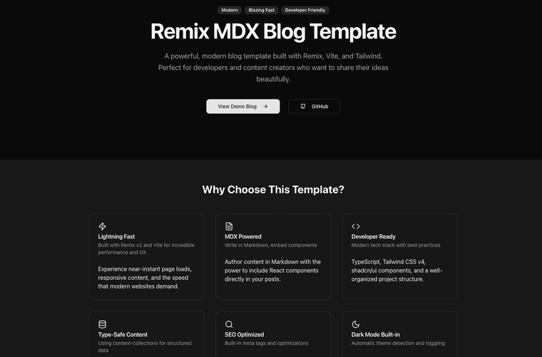 A Remix MDX blog starter with article cards and a clean reading layout.