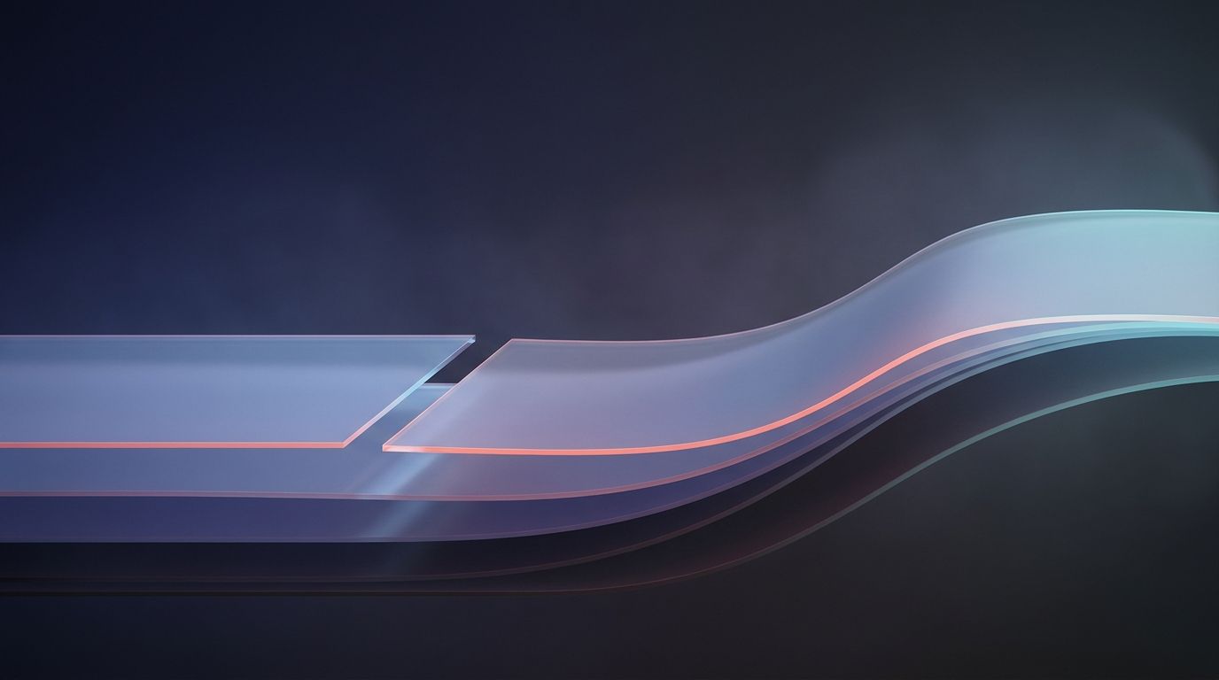 Translucent layered sheets with a broken edge joining into a continuous wave against a dark indigo background.