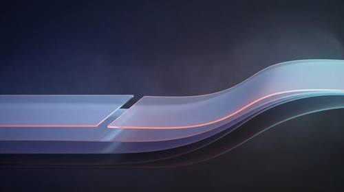 Translucent layered sheets with a broken edge joining into a continuous wave against a dark indigo background.