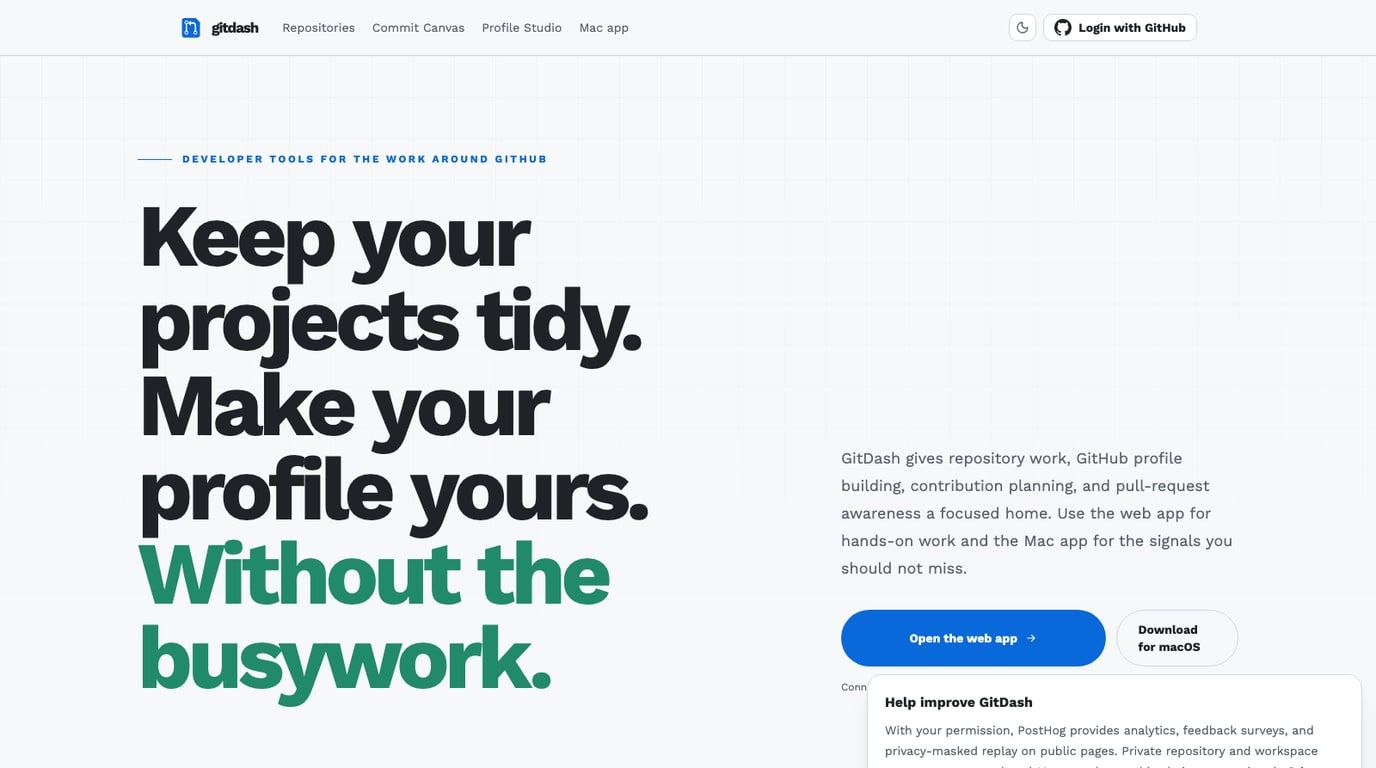 GitDash workspace for repositories, profile planning, and pull request work.
