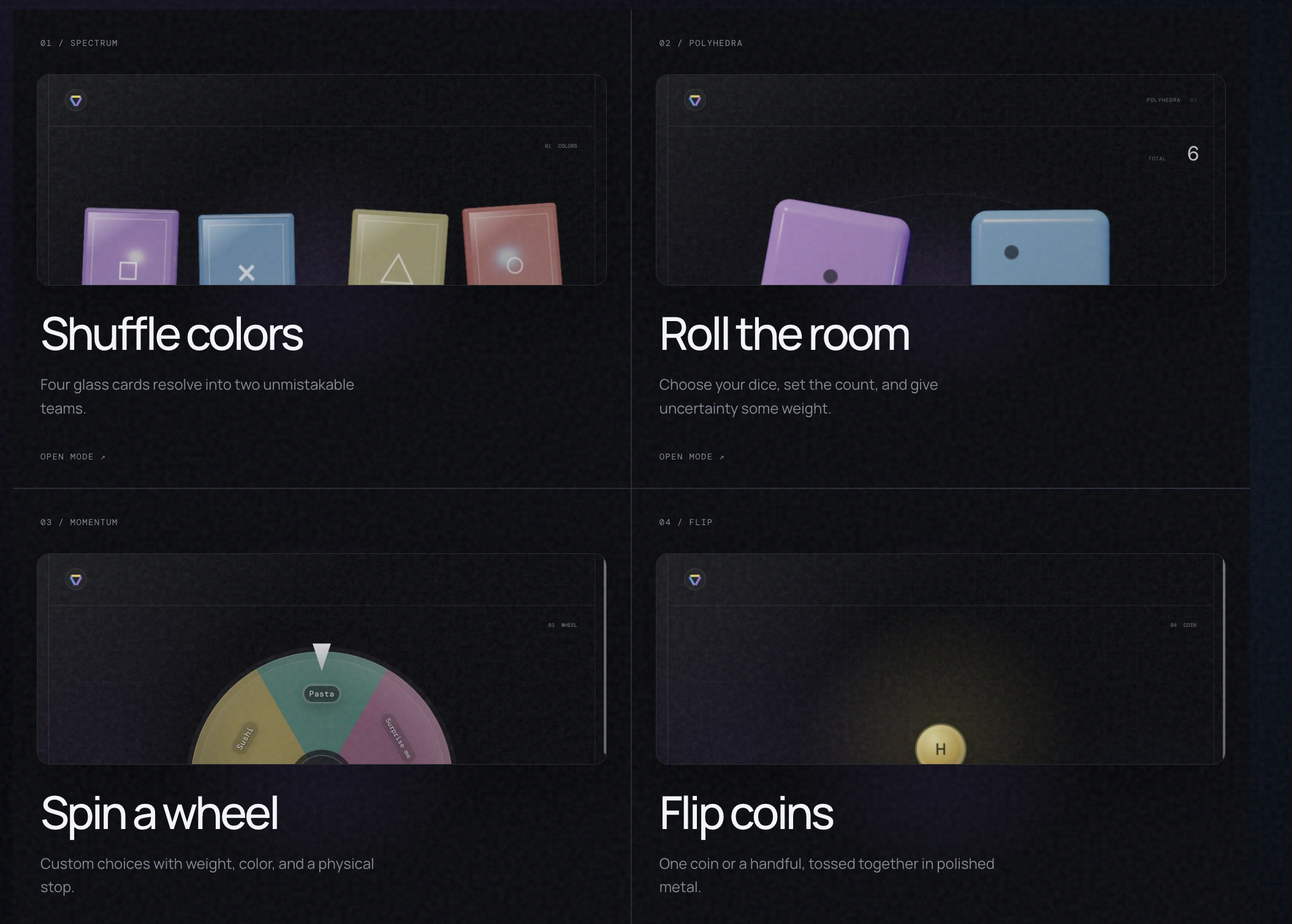 A dark Shuffleworks screen with a colorful wheel and playful tools for making random decisions.