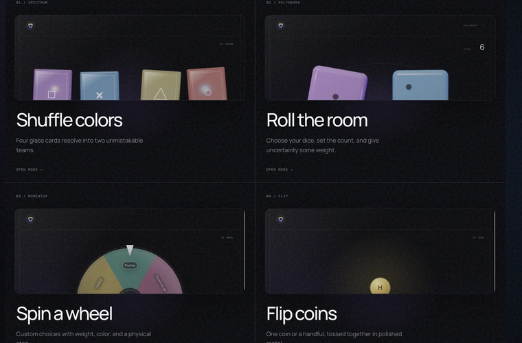 A dark Shuffleworks screen with a colorful wheel and playful tools for making random decisions.