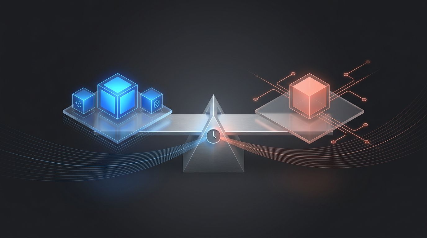A virtual server and a managed application container sit on opposite sides of a scale connected to backup, bandwidth, storage, and engineering-time symbols.