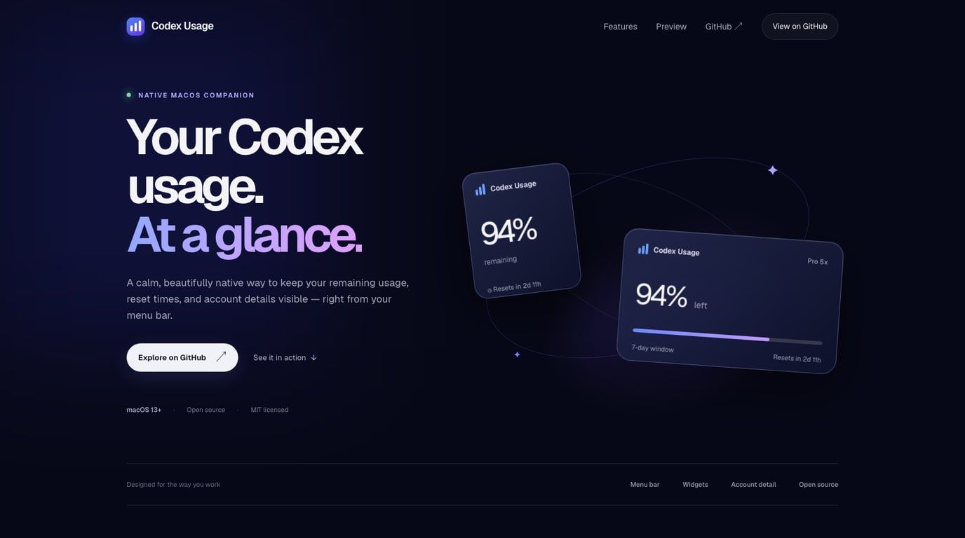 Codex Usage macOS app showing remaining usage and reset time.