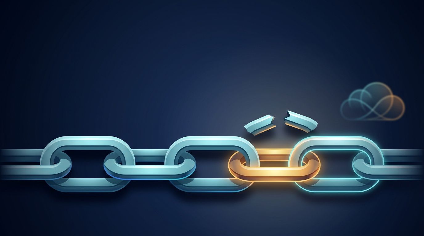 A cyan chain with an amber replacement link and broken pieces floating above it beside an abstract cloud.