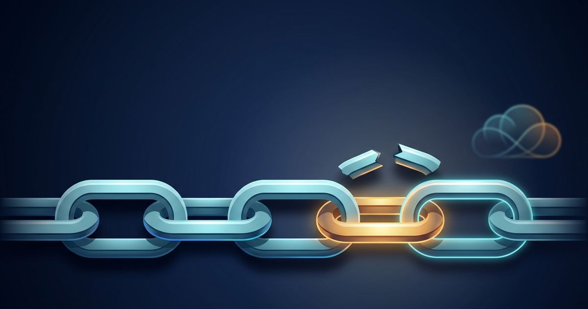 A cyan chain with an amber replacement link and broken pieces floating above it beside an abstract cloud.