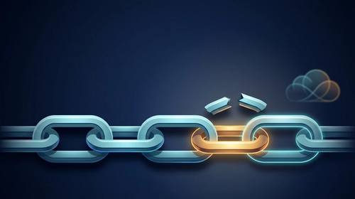 A cyan chain with an amber replacement link and broken pieces floating above it beside an abstract cloud.