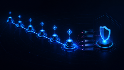Dark illustration of DNS nodes leading through a signed chain to an HTTPS endpoint