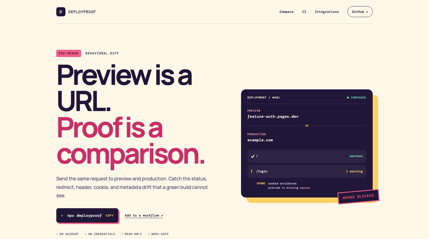 DeployProof comparing a preview deployment with production before a merge.