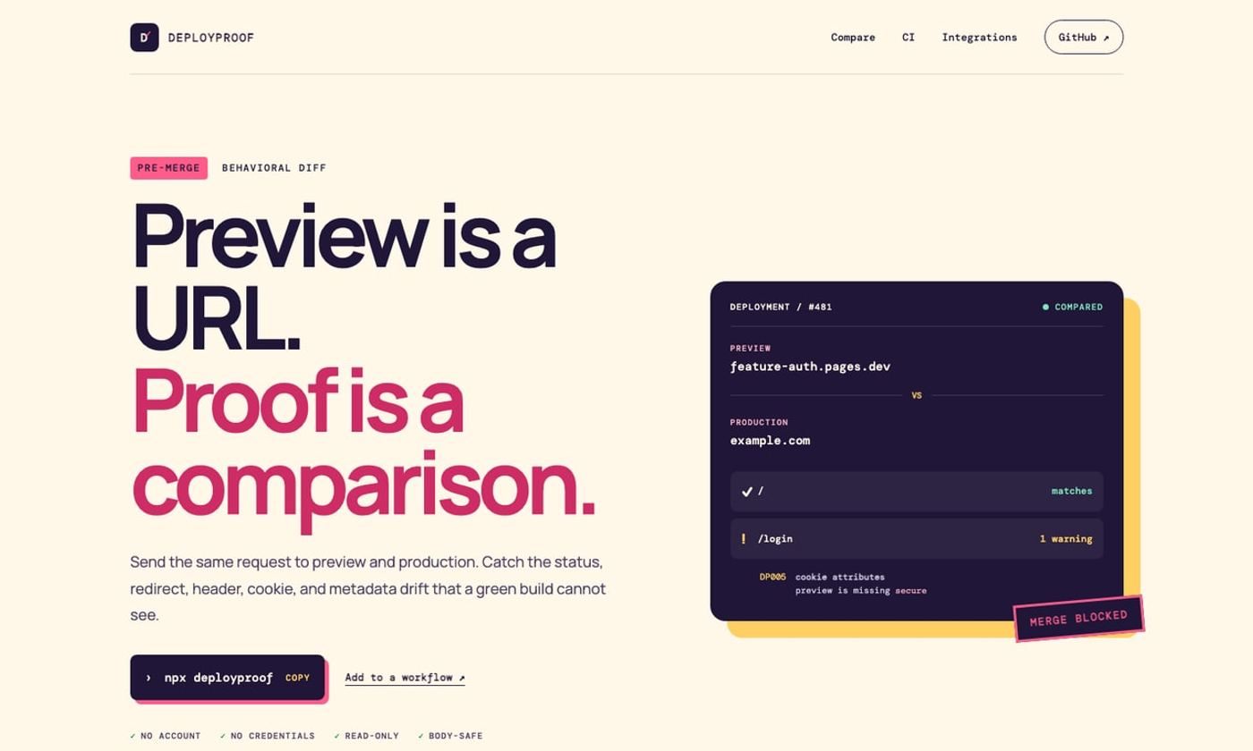DeployProof comparing a preview deployment with production before a merge.