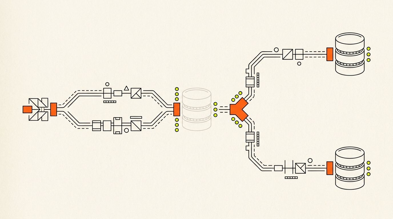 A staging route and a production route crossing at the same database before being separated