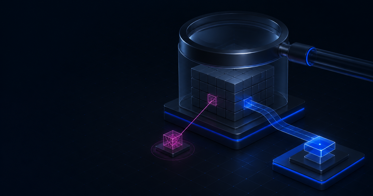A package rests under a glass security lens while a clean override path leaves the inspected module.