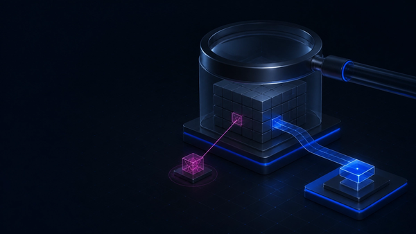 A package rests under a glass security lens while a clean override path leaves the inspected module.