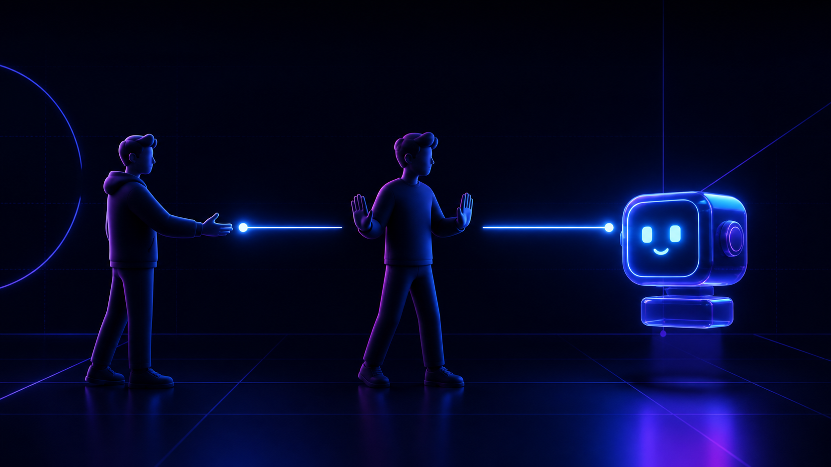 A person stands between another person and a glowing AI bot as an unnecessary middle step.