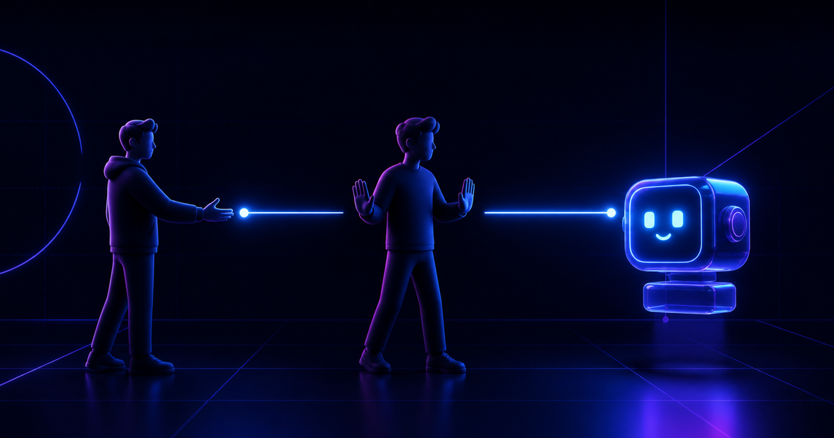 A person stands between another person and a glowing AI bot as an unnecessary middle step.