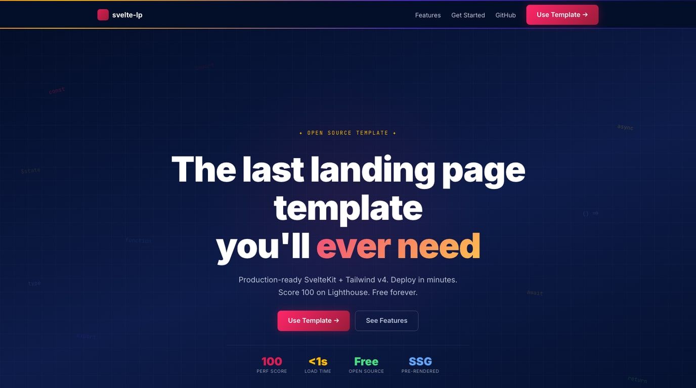 SvelteKit landing page starter with a dark hero, responsive sections, and call-to-action buttons