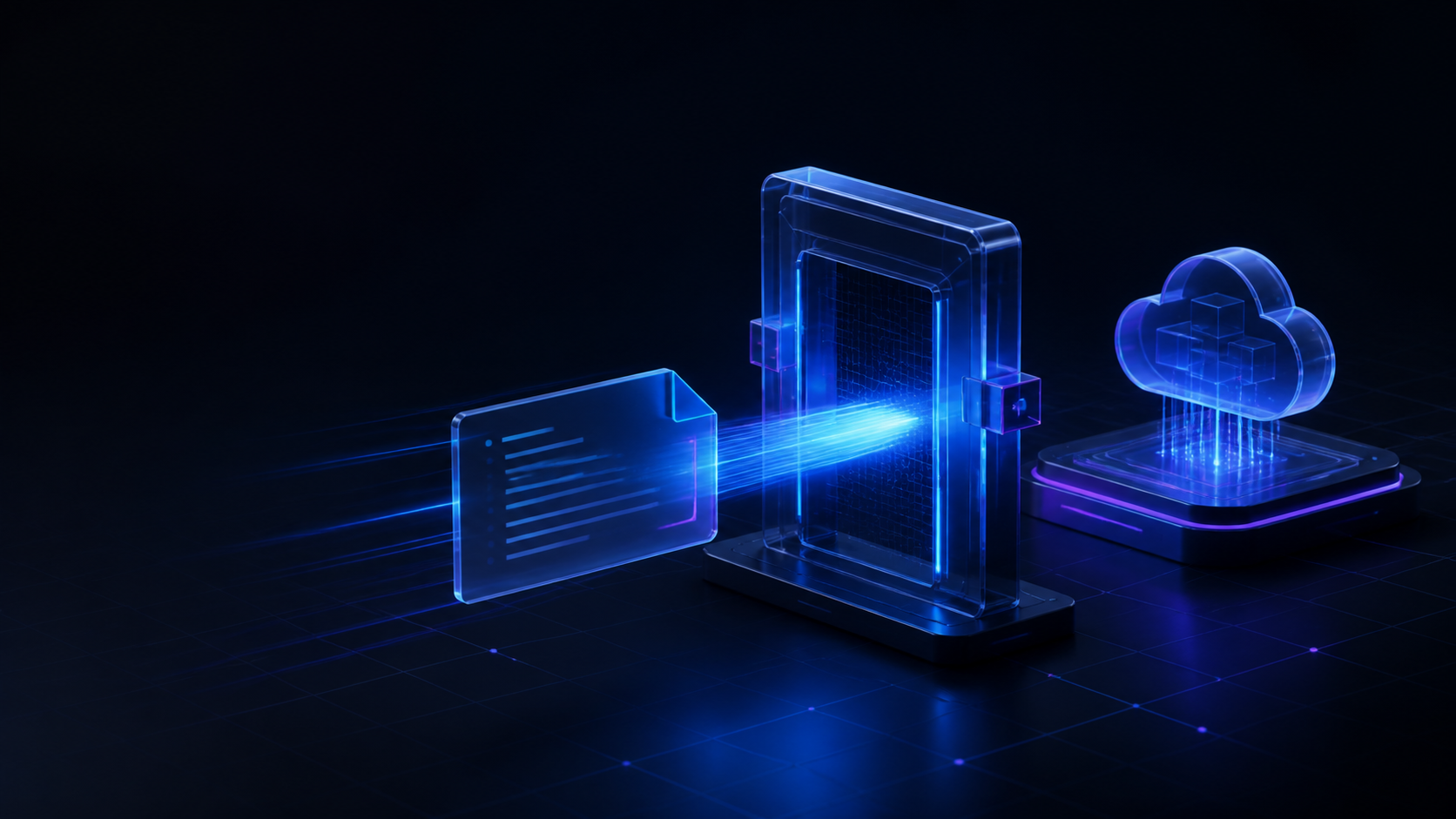 A configuration card passes through a glowing diagnostic gate before reaching a cloud deployment node.