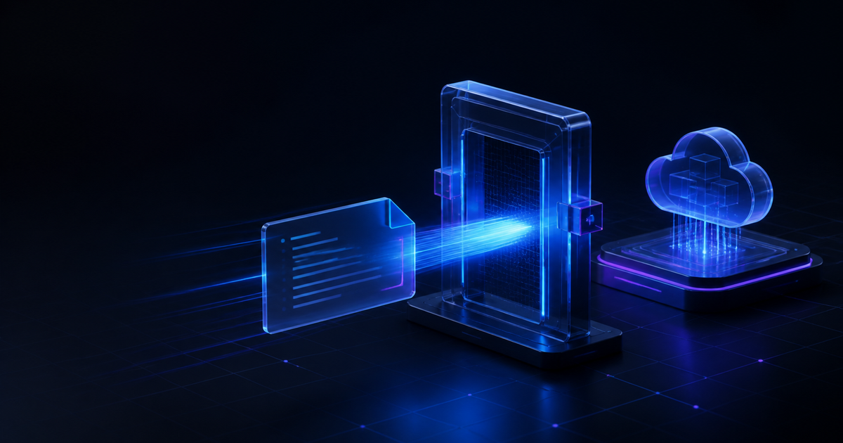 A configuration card passes through a glowing diagnostic gate before reaching a cloud deployment node.