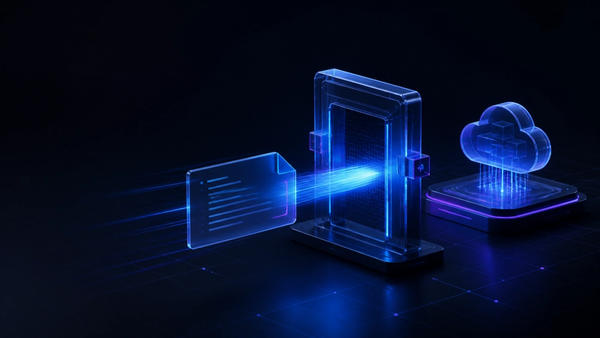 A configuration card passes through a glowing diagnostic gate before reaching a cloud deployment node.