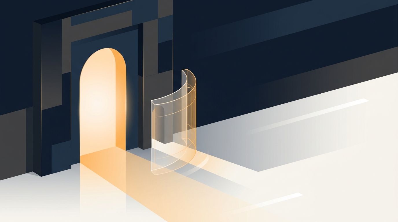 A dark gateway with a protective shield closing an alternate side passage, leaving clear space on the right.