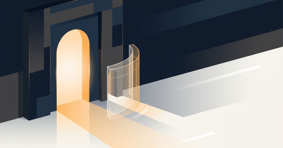A dark gateway with a protective shield closing an alternate side passage, leaving clear space on the right.