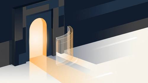 A dark gateway with a protective shield closing an alternate side passage, leaving clear space on the right.