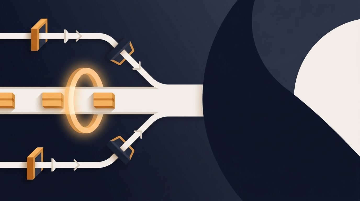 Two narrow pipeline paths feeding package blocks through a glowing inspection ring