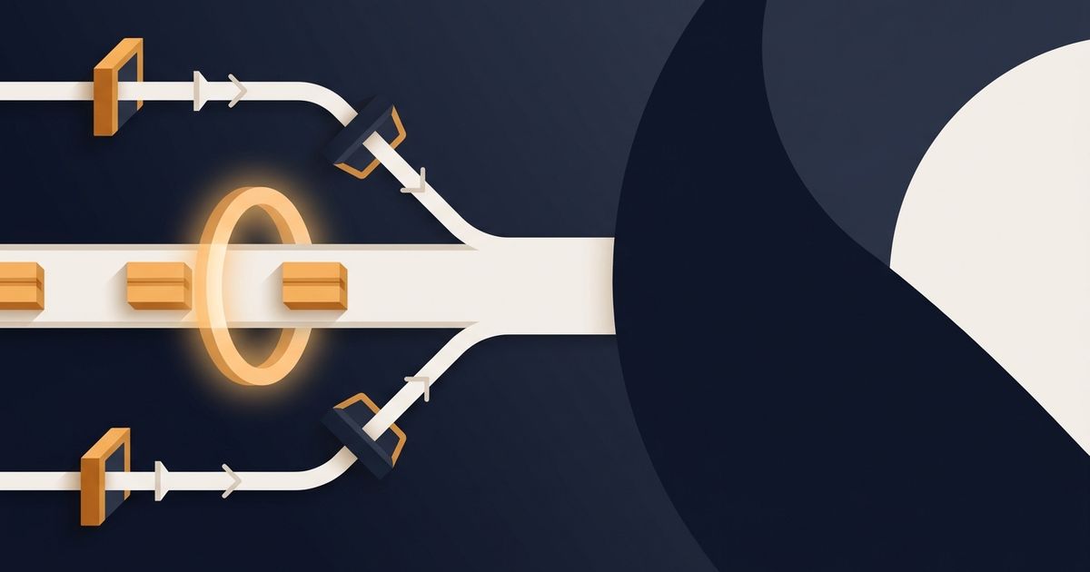 Two narrow pipeline paths feeding package blocks through a glowing inspection ring