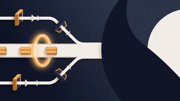 Two narrow pipeline paths feeding package blocks through a glowing inspection ring