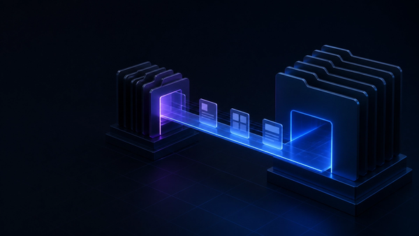 Route folders move across a glowing bridge between two dark stacks.
