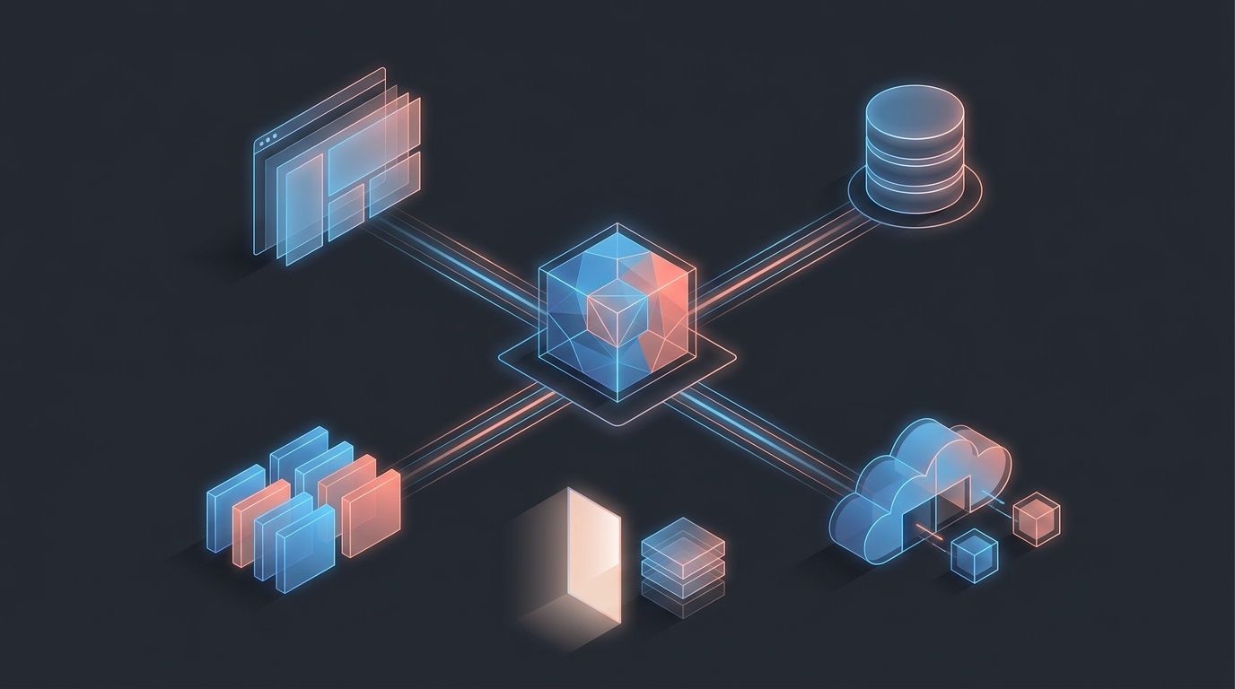 A source repository opens into portable frontend, database, storage, and cloud infrastructure paths on a dark developer workspace.
