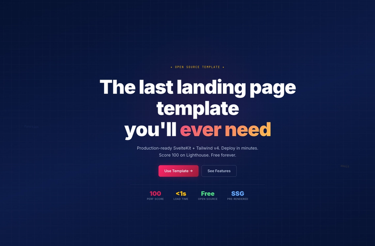 A SvelteKit landing page with a dark product hero, bold call to action, and feature sections.