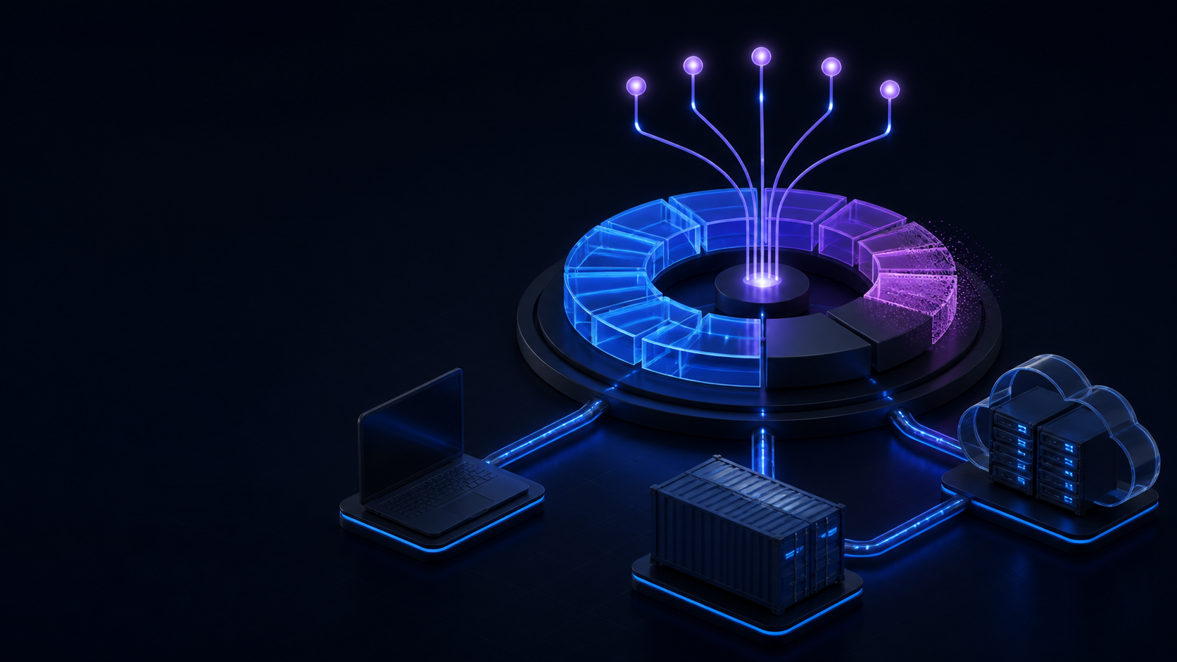 A version dial receives cables from a laptop, container, and cloud server.