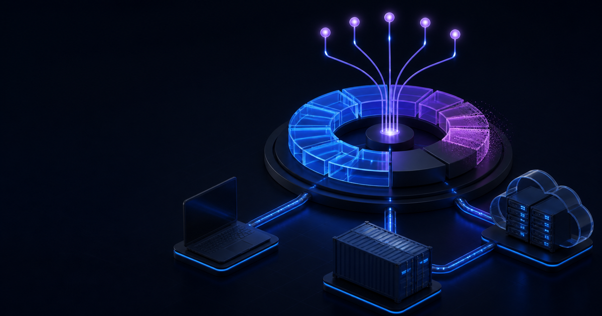 A version dial receives cables from a laptop, container, and cloud server.