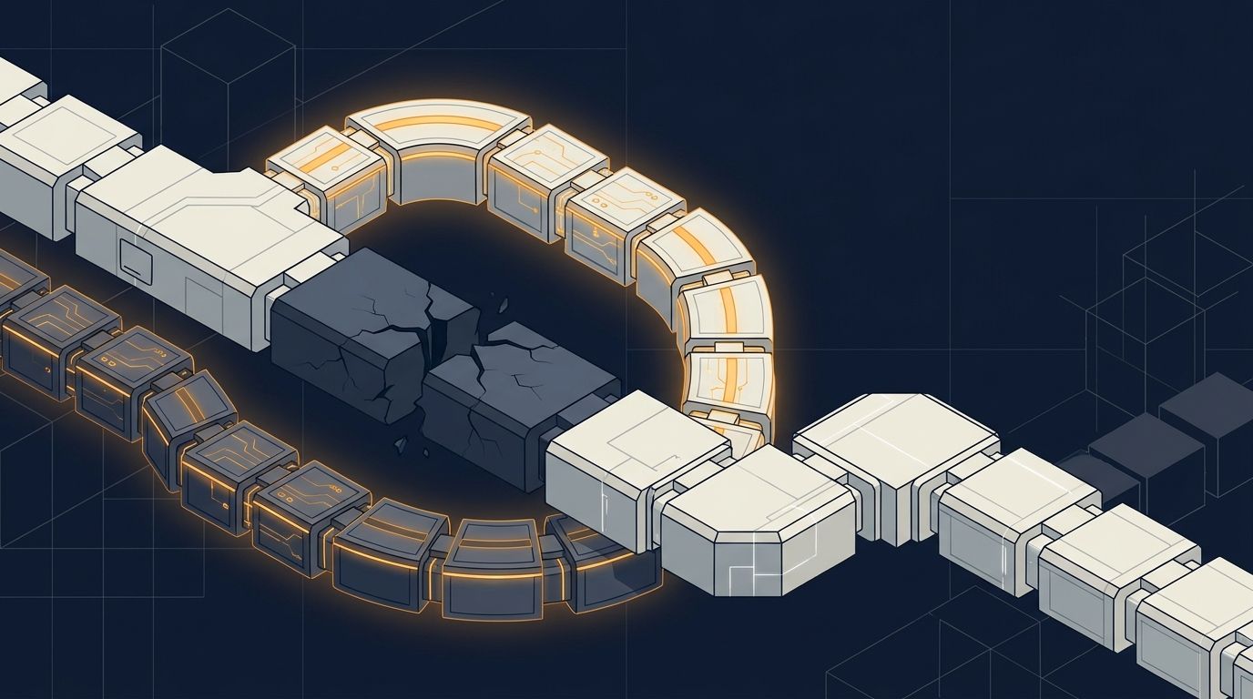 A glowing modular pathway curves around a cracked dark block on a navy background